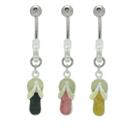 Surgical Steel 14 Gauge Belly Ring with Beach Sandals Dangle and CZ