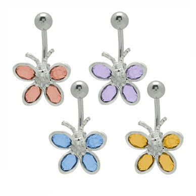Surgical Steel 14 Gauge Belly Ring with Colorful CZ Butterfly
