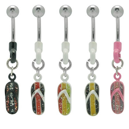Surgical Steel 14 Gauge Belly Ring with Glitter Beach Sandals Dangle