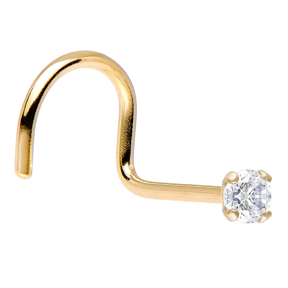 14K Solid Gold 20 Gauge Corkscrew Nose Screw with Prong Set Diamond