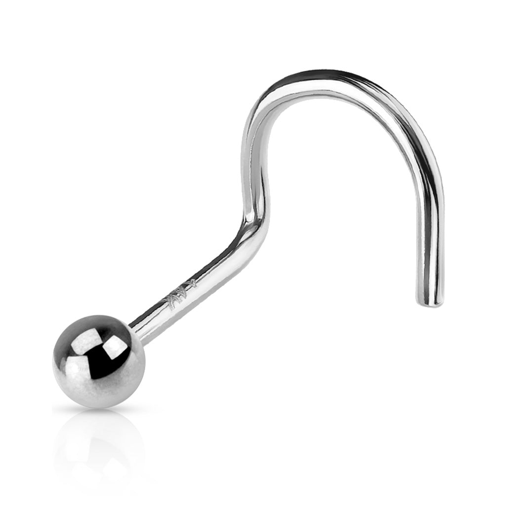 14K White Gold Corkscrew Nose Stud with Ball - 18, 20 & 22 Gauge