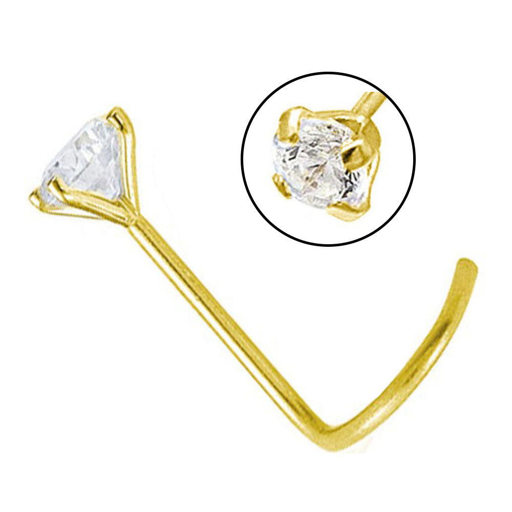 14K Solid Gold Corkscrew Nose Stud with Lab Diamond 22 Gauge