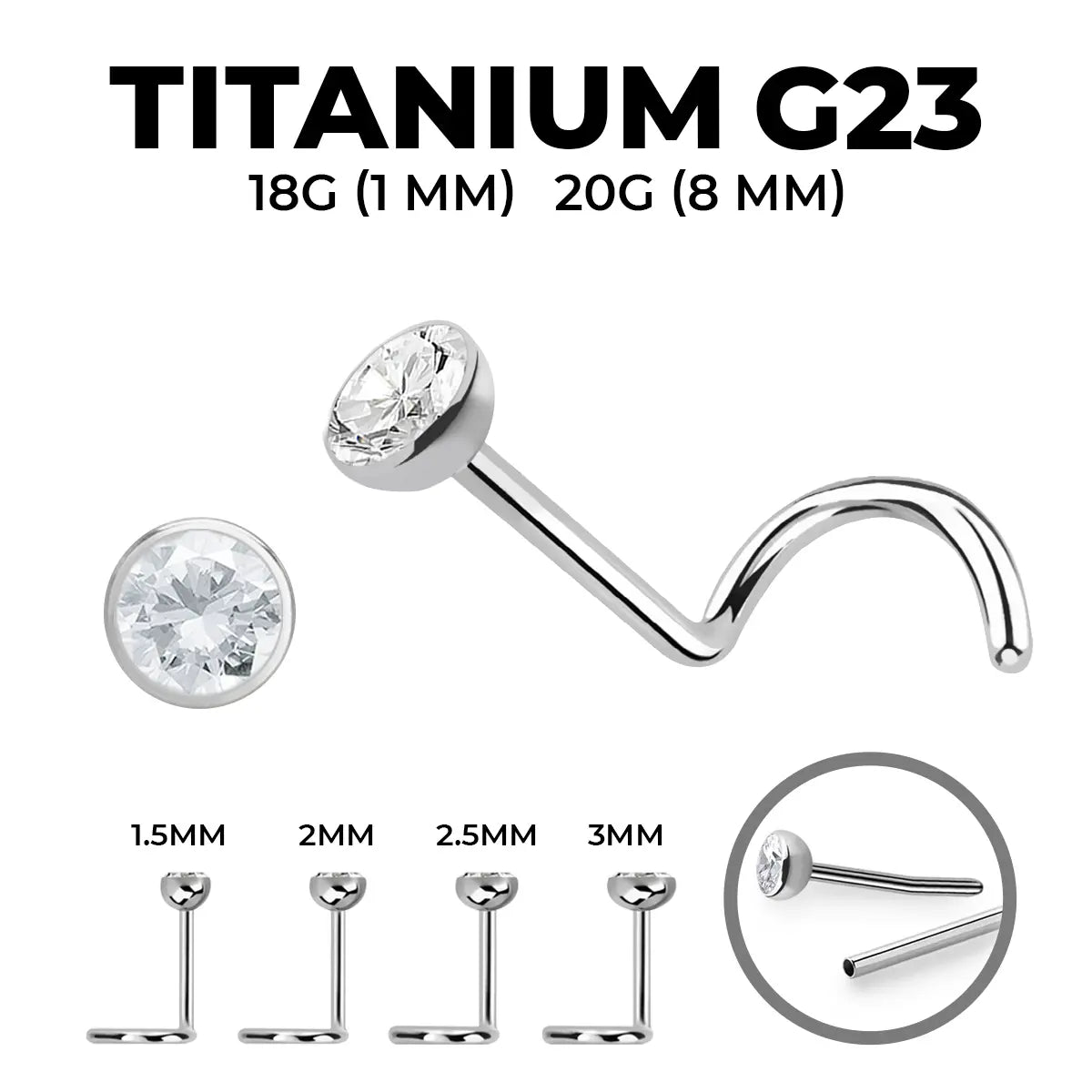 Titanium Corkscrew Nose Ring 18 & 20 Gauge 6mm with CZ - photo 7