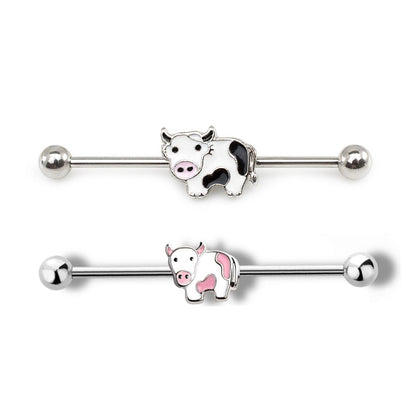 Surgical Steel 14 Gauge Industrial Barbell with Cute Cow