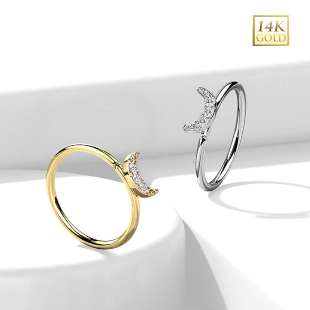 14K Solid Gold 20 Gauge Bendable Nose Ring with Crescent Moon - photo 2
