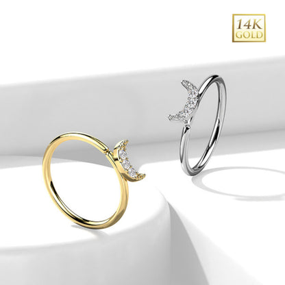 14K Solid Gold 20 Gauge Bendable Nose Ring with Crescent Moon - photo 2