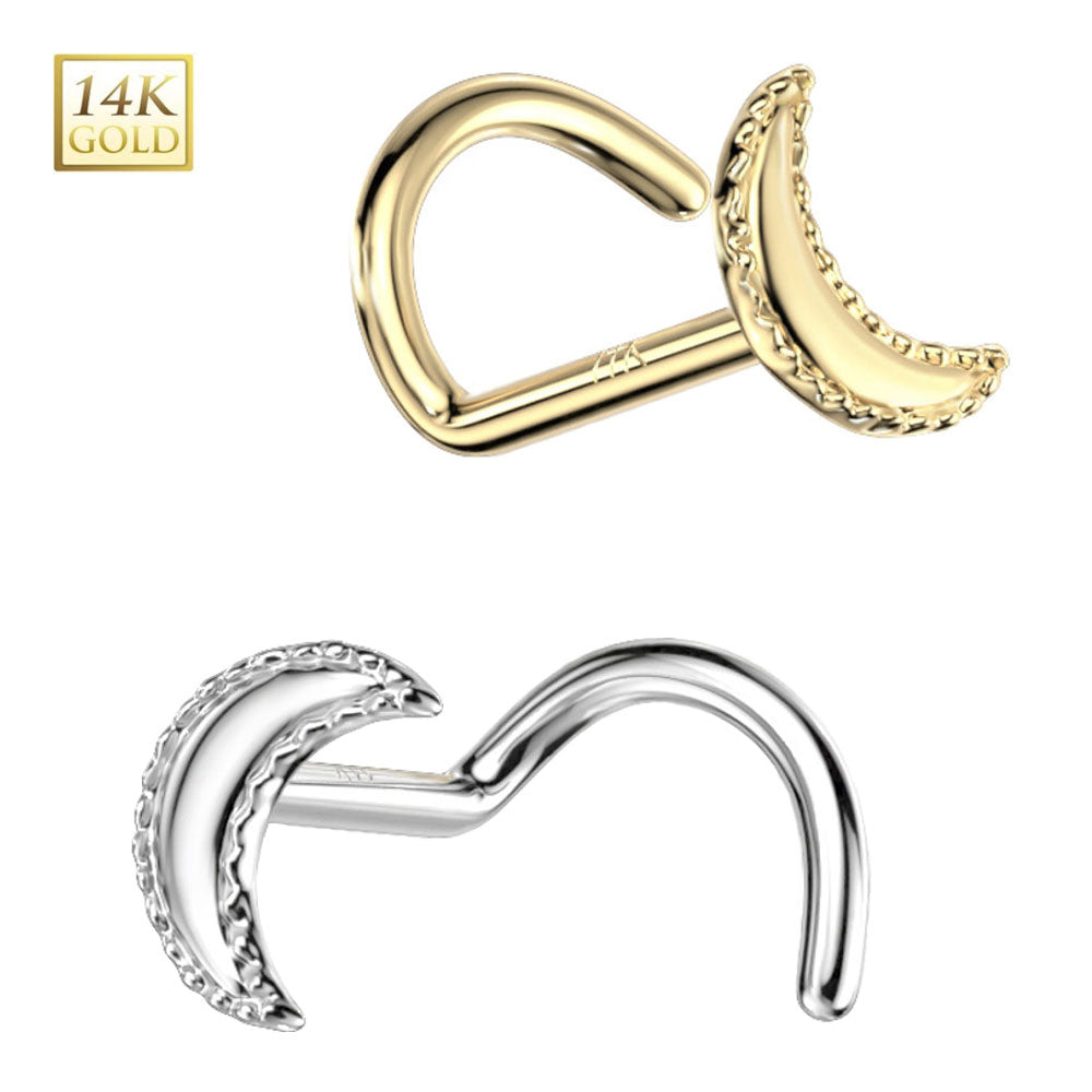 14 Karat Solid Gold 20 Gauge Nose Ring Crescent Moon Corkscrew