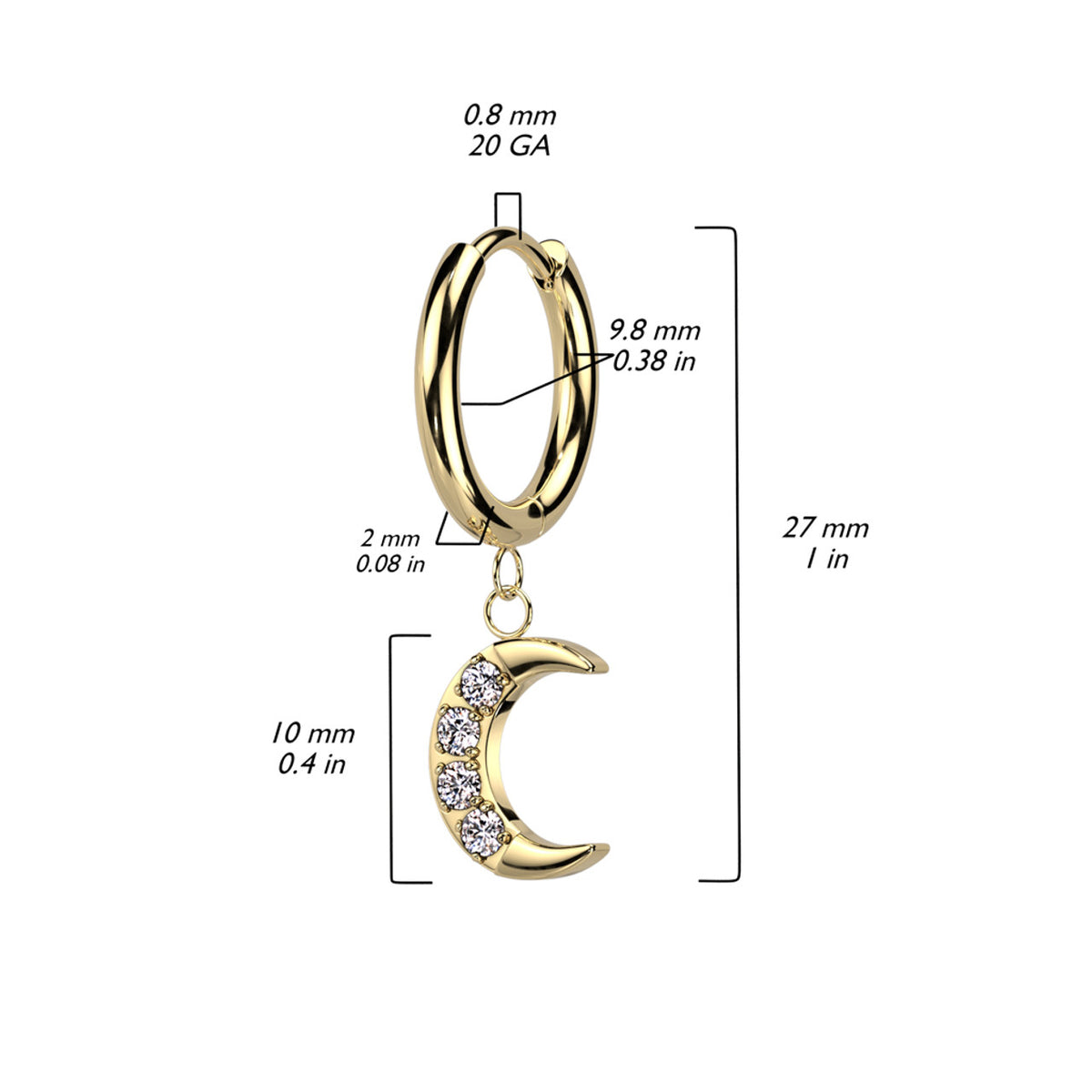 Surgical Steel Huggie Hoops 20G with Crescent Moon CZ Dangle - Pair - photo 2