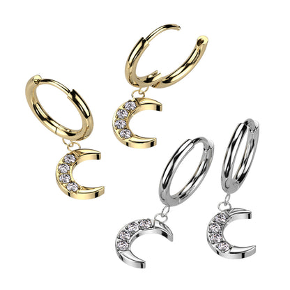 Surgical Steel Huggie Hoops 20G with Crescent Moon CZ Dangle - Pair