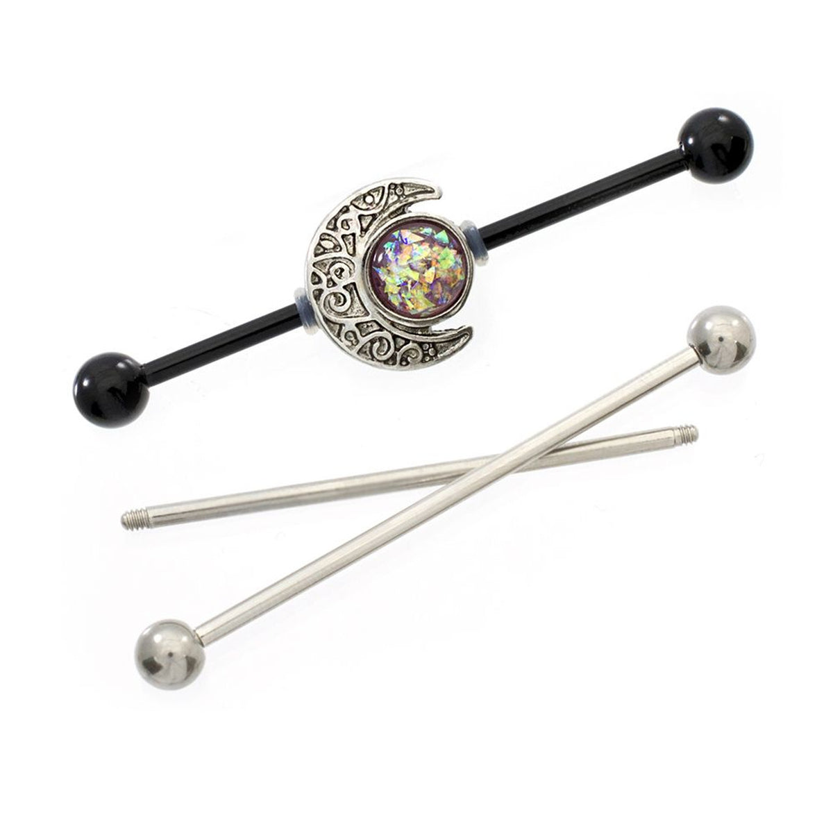 Surgical Steel 14 Gauge Industrial Barbell AB Opal Crescent Moon