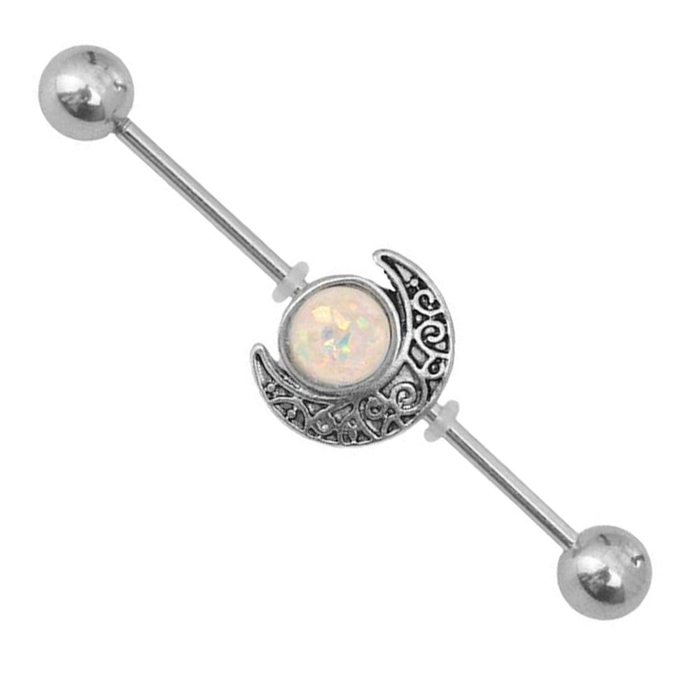 Surgical Steel 16 Gauge Industrial Barbell with Crescent Moon Opal