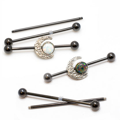 Surgical Steel 14 Gauge Industrial Barbell Crescent Moon Opal - 3 Pack