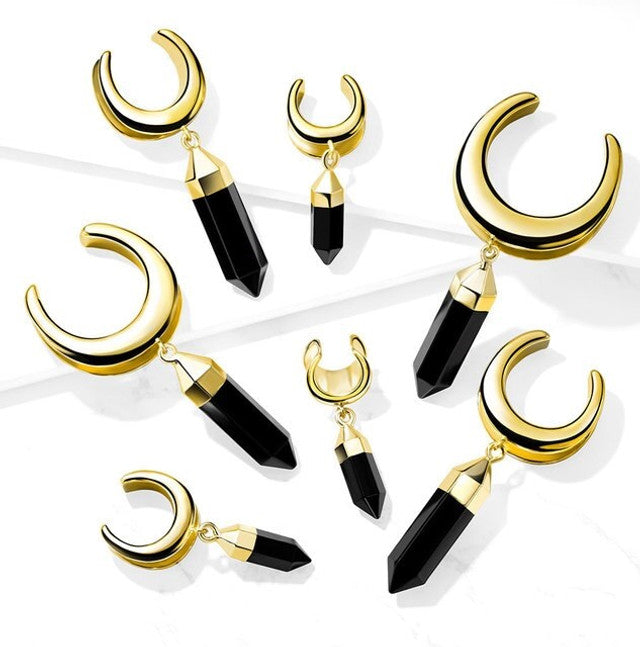 PVD Gold Surgical Steel Dangle Onyx Crescent Moon Saddle Plugs - Pair - photo 3