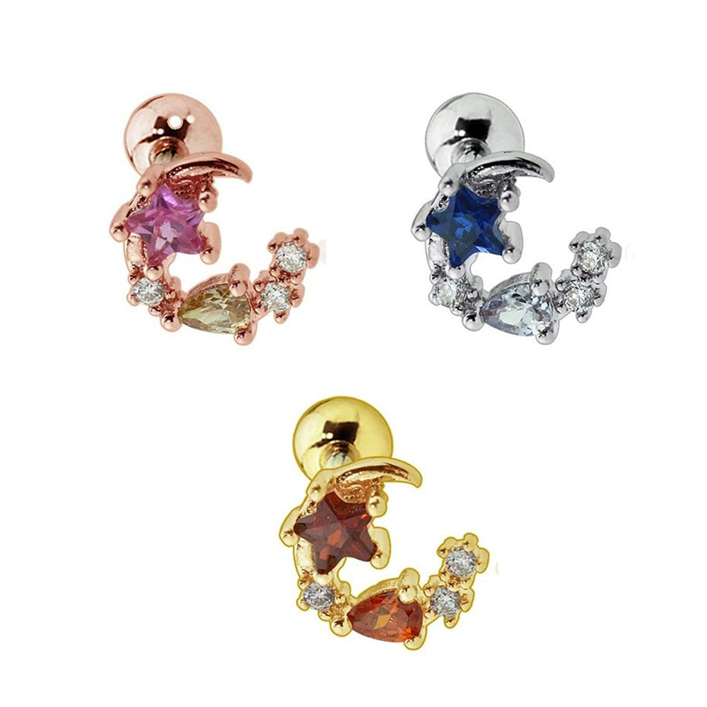 Surgical Steel 16 Gauge Tragus Barbell with Crescent Moon Star CZ