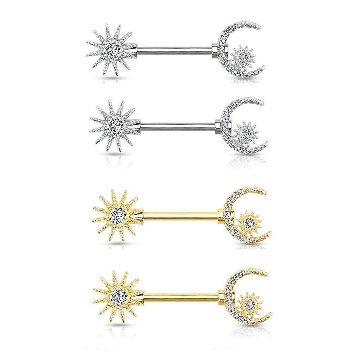Surgical Steel 14 Gauge Nipple Barbell with CZ Moon and Star - Pair