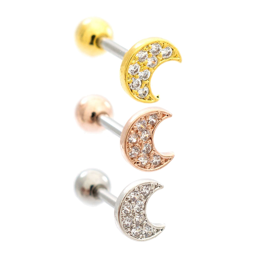 Surgical Steel 16 Gauge Tragus Barbell with CZ Crescent Moon Top
