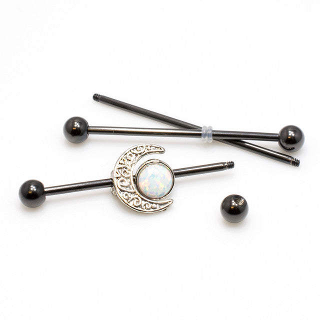 Surgical Steel 14 Gauge Industrial Barbell Crescent Moon Opal - 3 Pack - photo 4