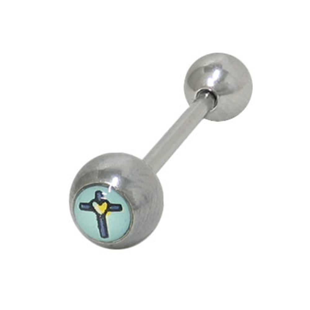Surgical Steel 14 Gauge Tongue Barbell with Cross Heart