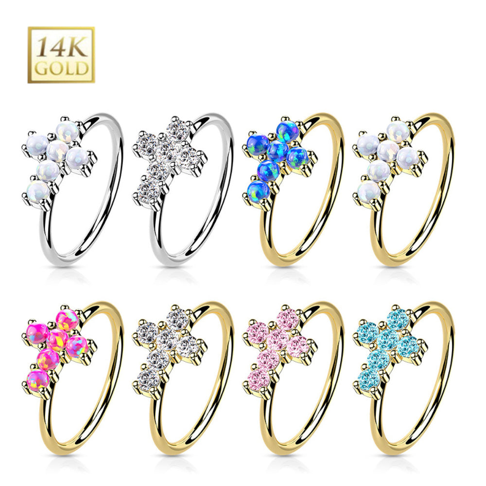14K Solid Gold 20 Gauge Bendable Nose Ring with CZ Opal Cross