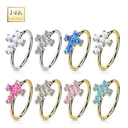 14K Solid Gold 20 Gauge Bendable Nose Ring with CZ Opal Cross
