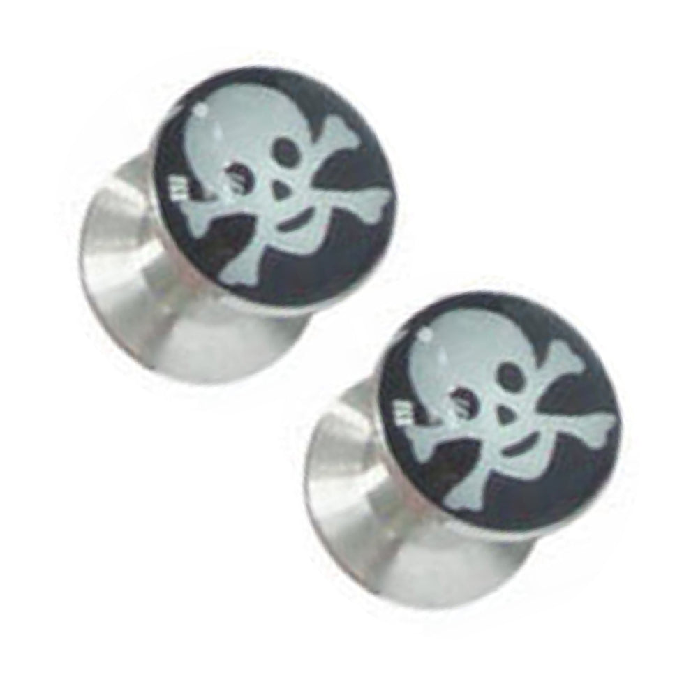 Surgical Steel 0 Gauge Screw Fit Plugs with Cross Skull Logo - Pair