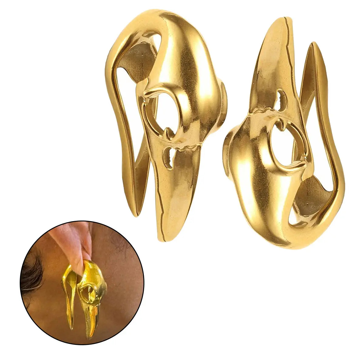 Surgical Steel Ear Weights with Gold Feather Crow Bird Skull - Pair - photo 2