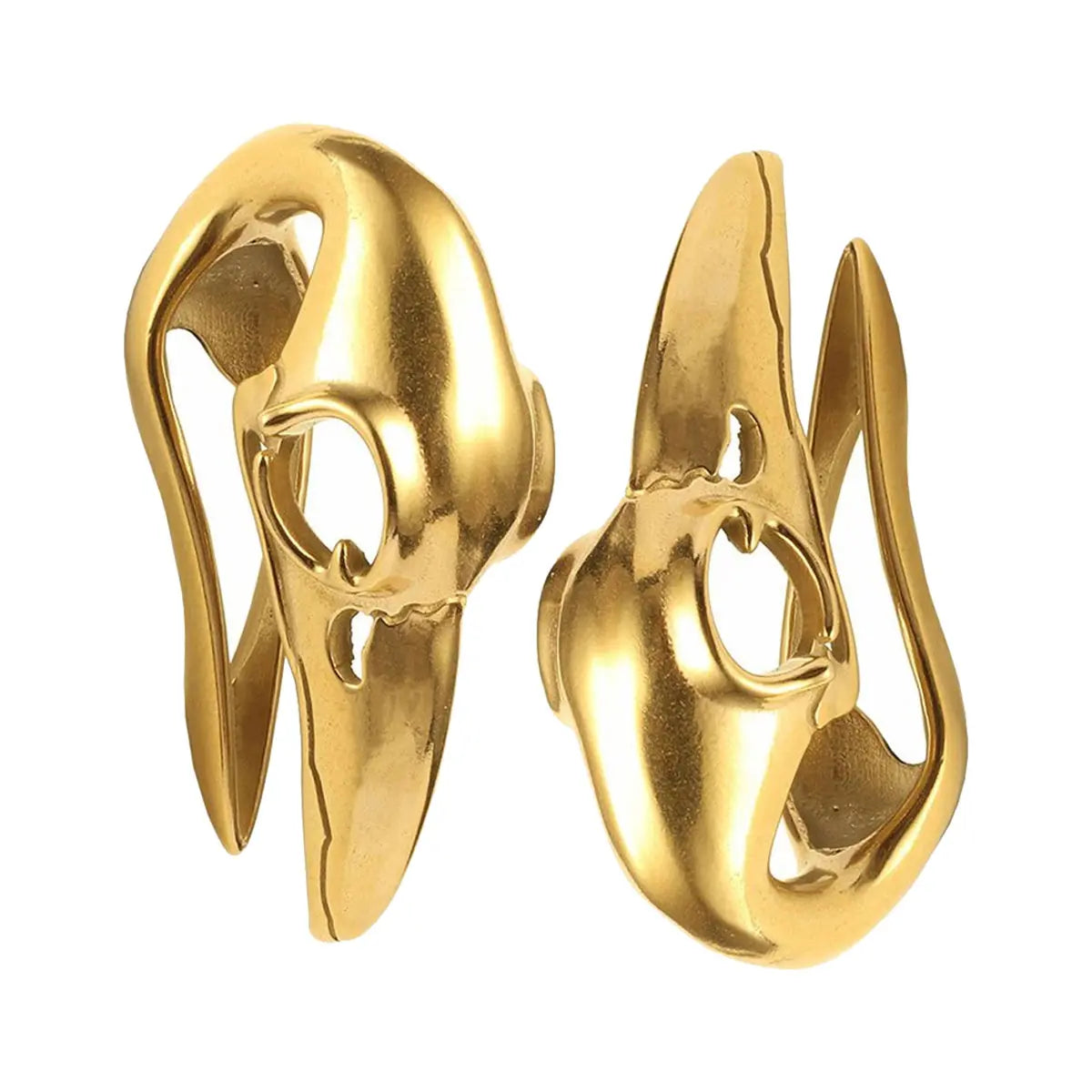 Surgical Steel Ear Weights with Gold Feather Crow Bird Skull - Pair