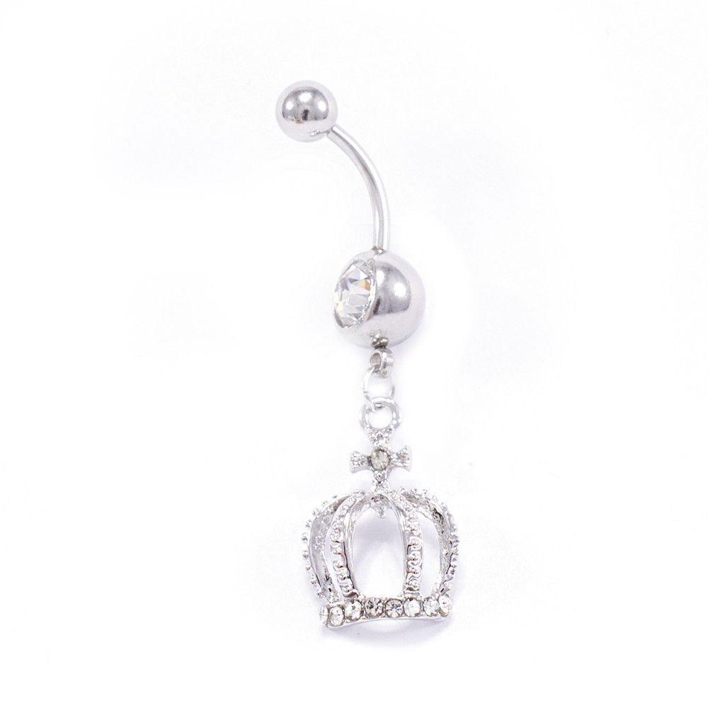 Surgical Steel 14 Gauge Belly Ring with Crown Dangle CZ - photo 2