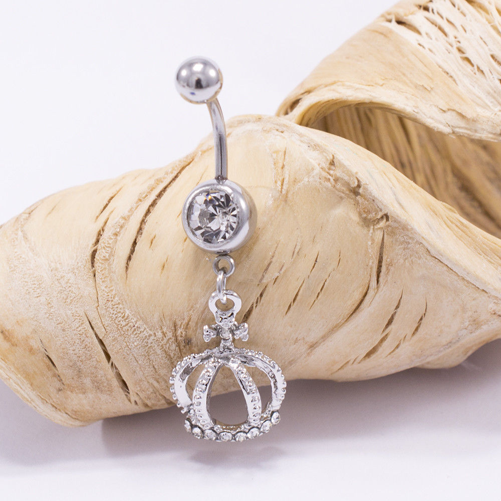 Surgical Steel 14 Gauge Belly Ring with Crown Dangle CZ - photo 3