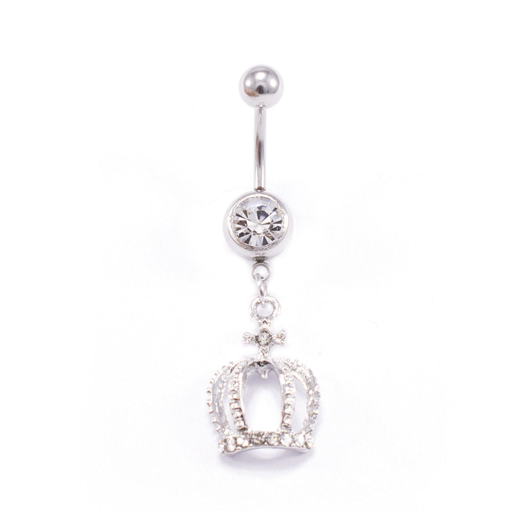 Surgical Steel 14 Gauge Belly Ring with Crown Dangle CZ