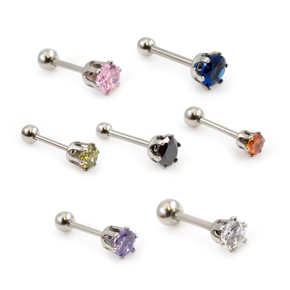 Surgical Steel 16 Gauge Crown Prong CZ Stud Barbell