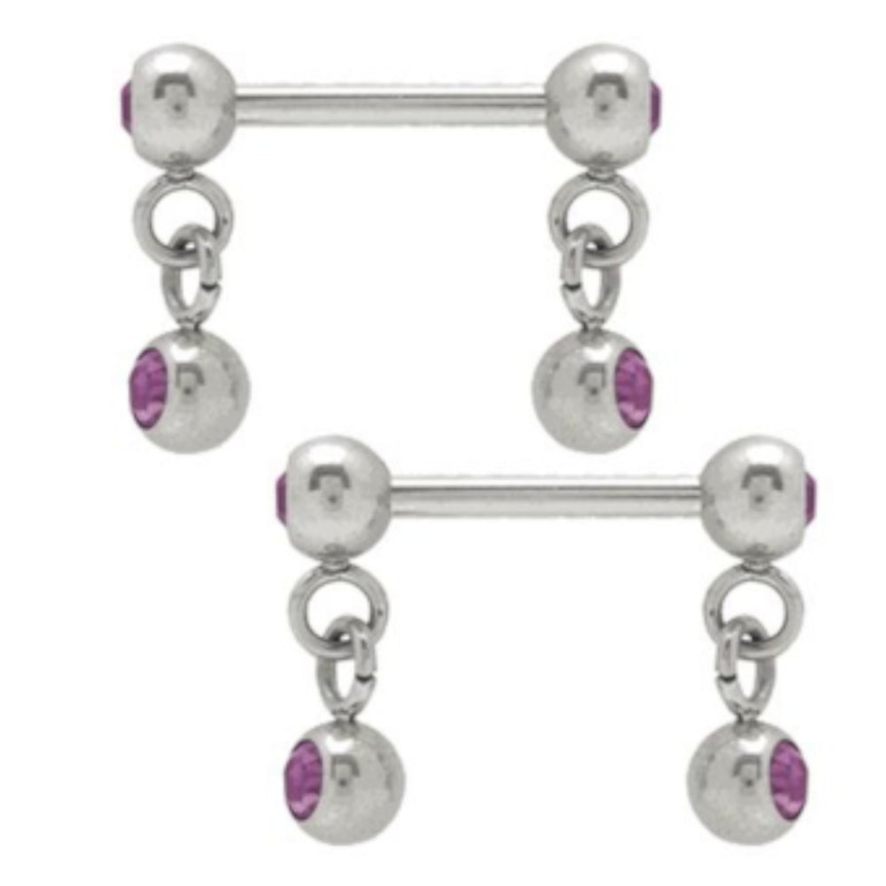 Surgical Steel 14 Gauge Nipple Barbell CZ with Dangle - Pair