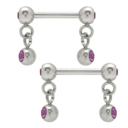 Surgical Steel 14 Gauge Nipple Barbell CZ with Dangle - Pair