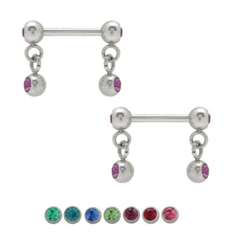 Surgical Steel 14 Gauge Nipple Barbell CZ with Dangle - Pair - photo 2