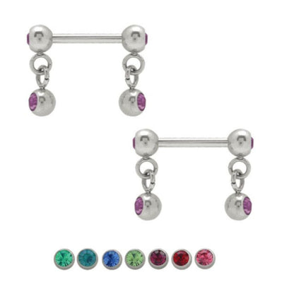 Surgical Steel 14 Gauge Nipple Barbell CZ with Dangle - Pair - photo 2
