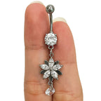 Surgical Steel 14 Gauge Crystal CZ Dangling Flower Belly Ring