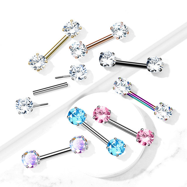 Surgical Steel 14 Gauge Threadless Nipple Barbell with Prong CZ - Pair