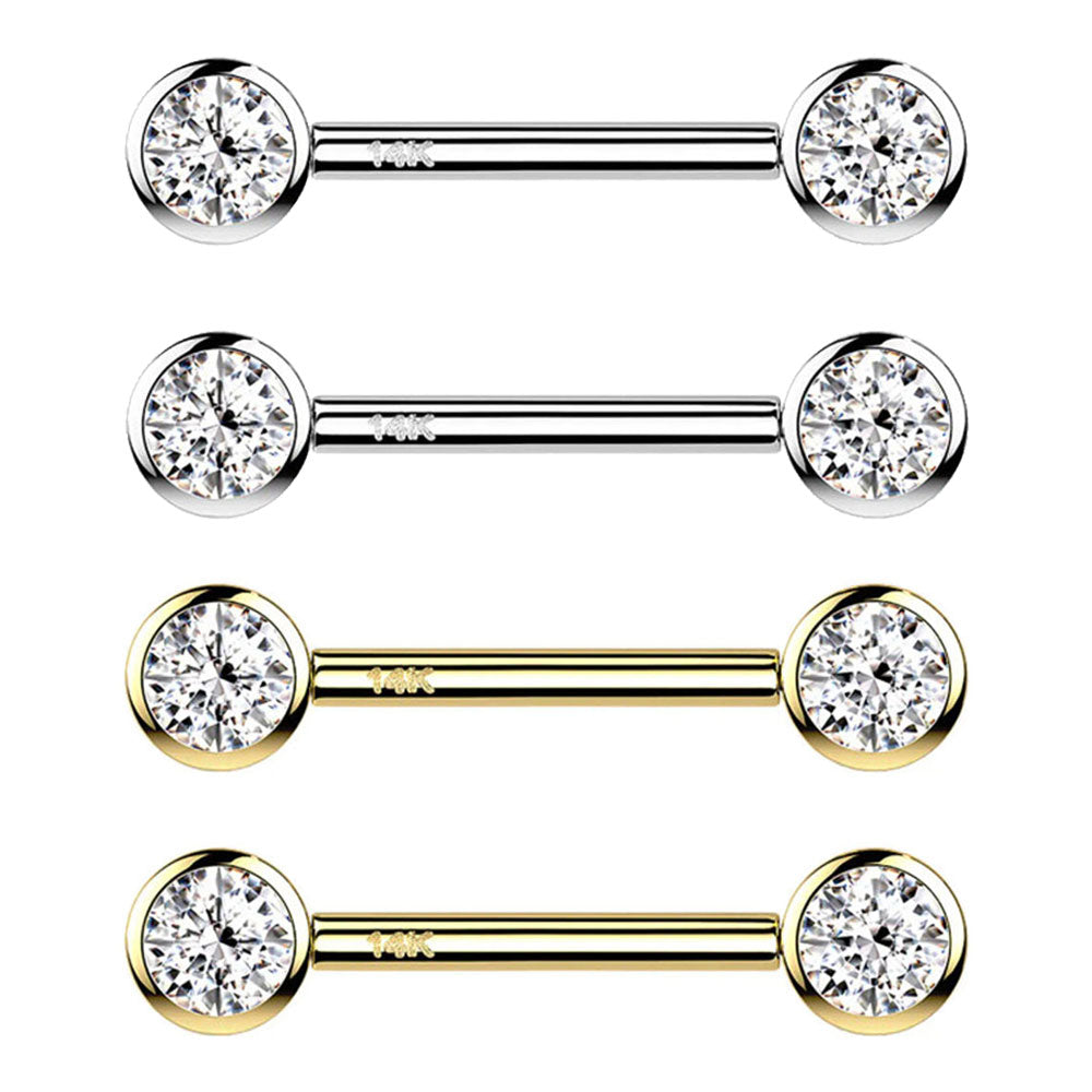 14K Solid Gold 14 Gauge Bezel Set Crystal CZ Nipple Barbell - Pair
