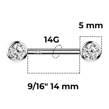 14 Karat Solid Gold Nipple Ring Barbell 14 Gauge & Threadless Round CZ