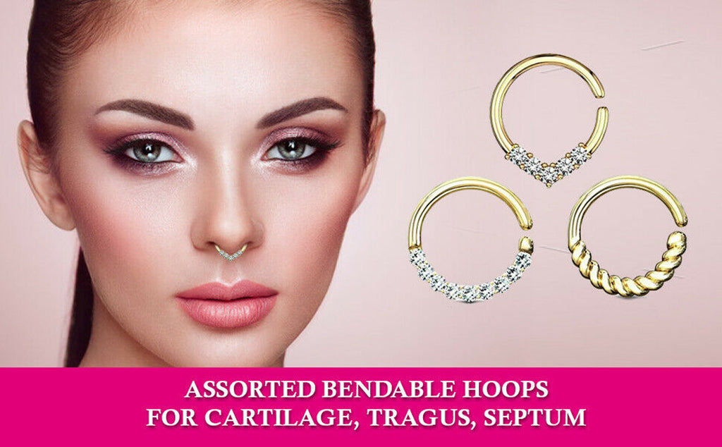 Surgical Steel 16 Gauge Crystal CZ Bendable Hoop Nose Rings - 3 Pack