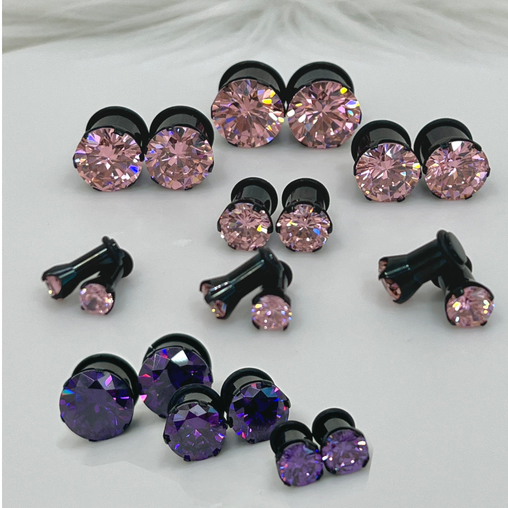 Surgical Steel Single Flare Ear Plugs with PVD Black CZ - Pair
