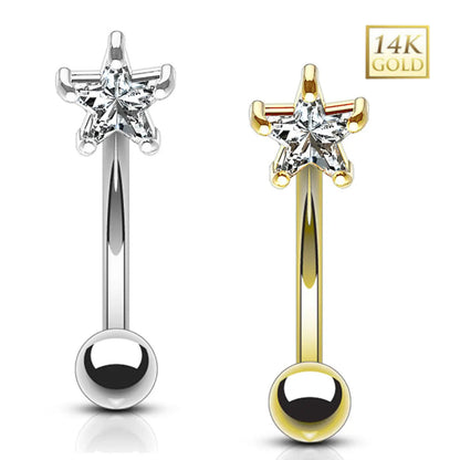 14K Solid Gold 16 Gauge Curved Eyebrow Barbell with CZ Star Top