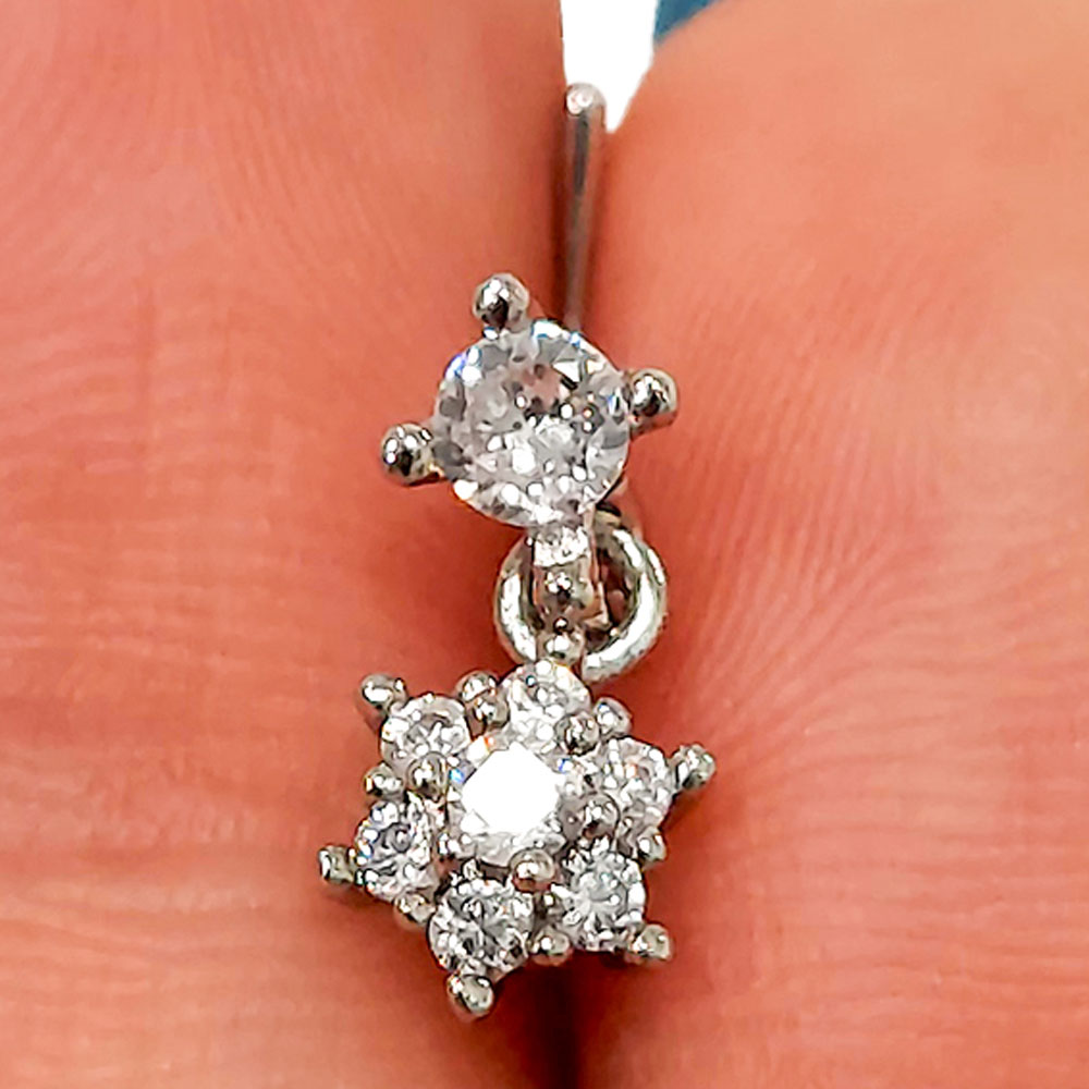 Surgical Steel L-Shaped Nose Stud 20G 6mm with Dangle Flower CZ - photo 3