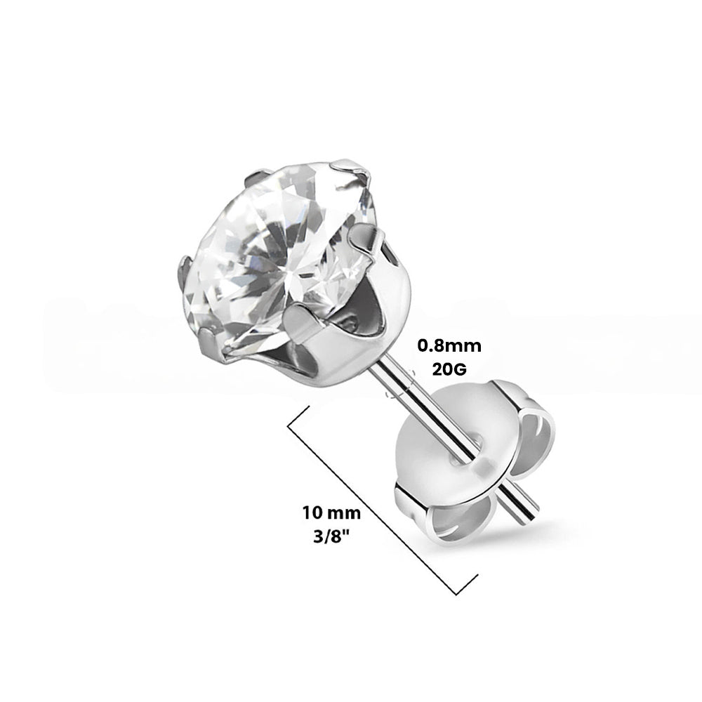 Surgical Steel 20 Gauge Cubic Zirconia Stud Earrings - Pair