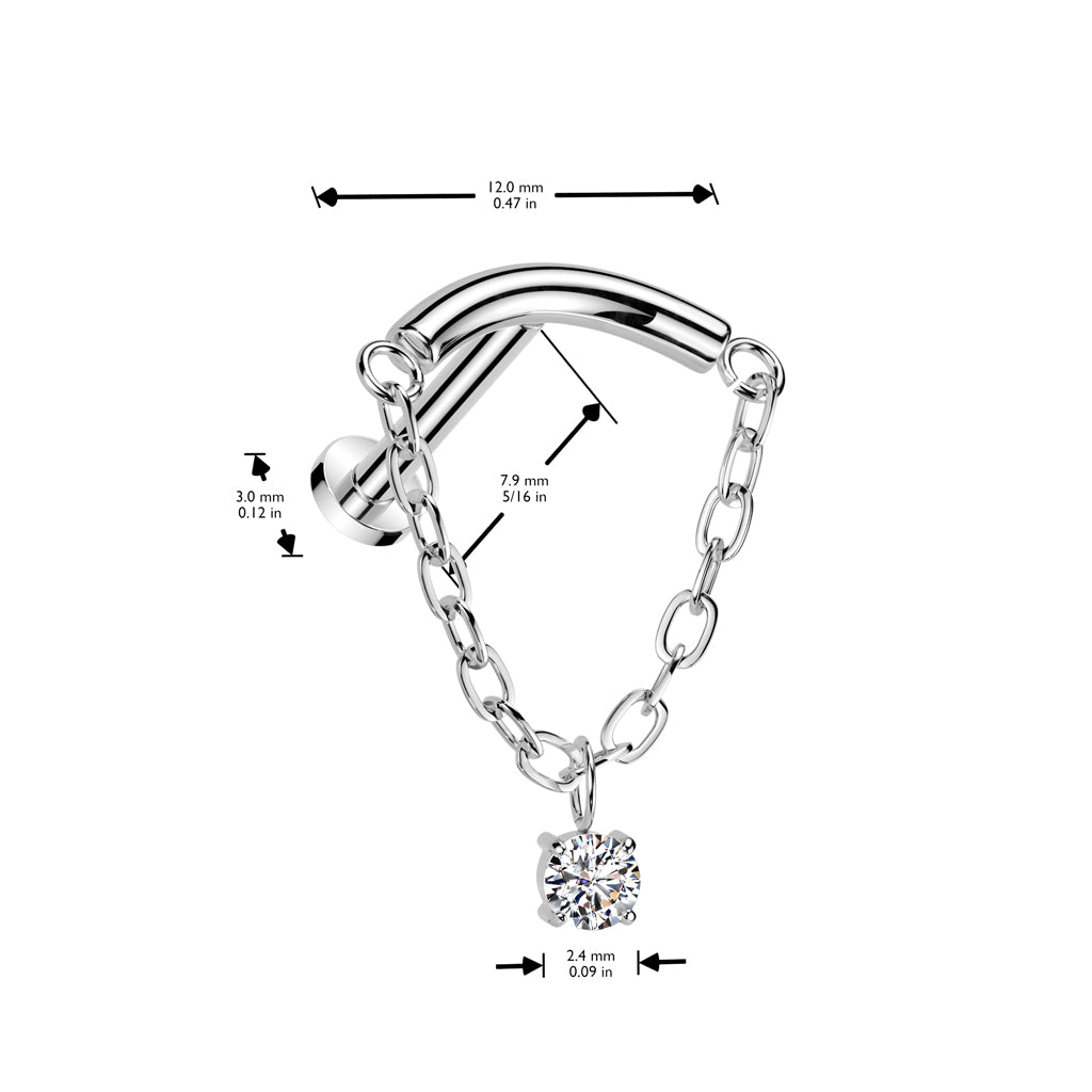Titanium Threadless Curved Labret 16G & 18G 8mm with CZ Chain - photo 2