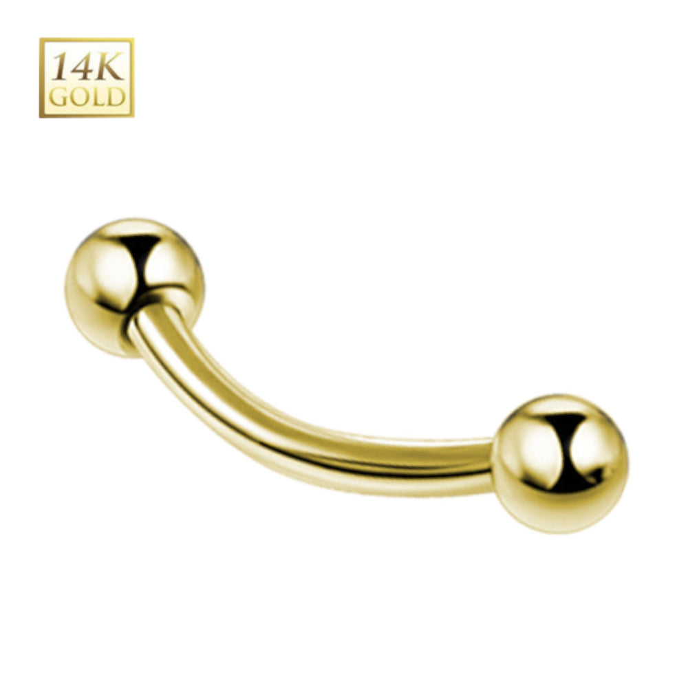 14K Solid Gold Curved Barbell 16 Gauge 10mm with Ball Ends