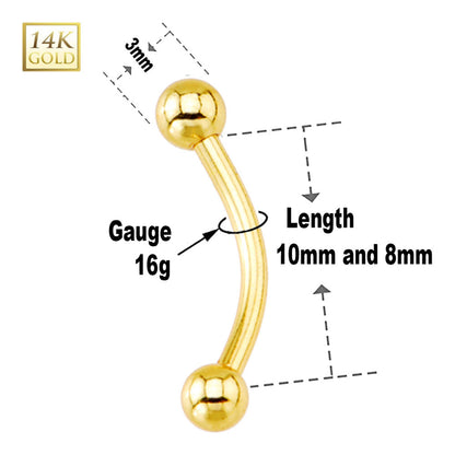 14K Solid Gold 16 Gauge Curved Barbell with 3mm Ball - photo 3