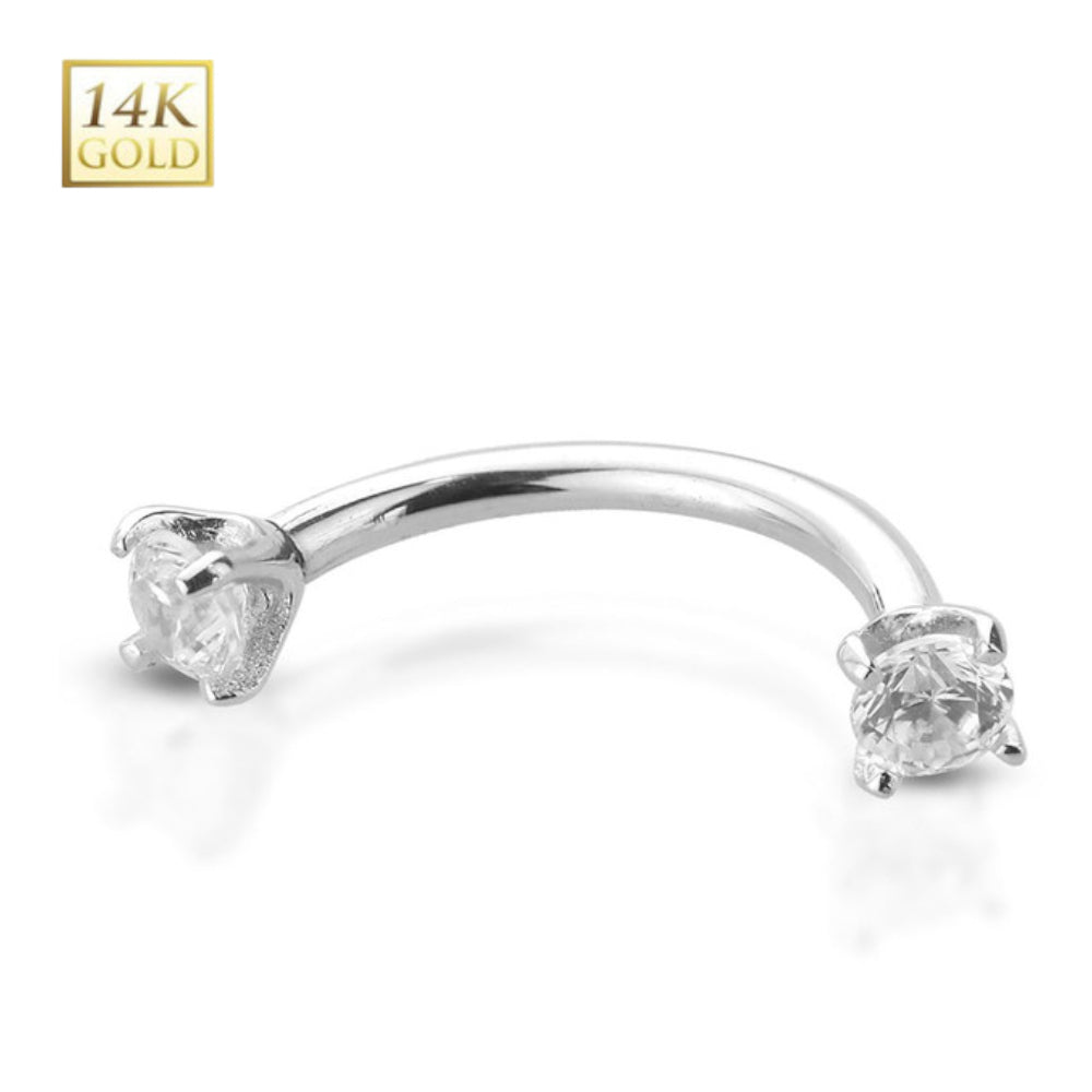 14K Solid Gold 16 Gauge Curved Barbell with Double Prong Set CZ - photo 2