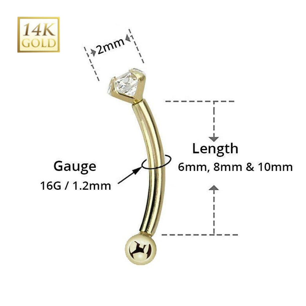 14K Solid Gold 16 Gauge Threadless Curved Barbell with 2mm Diamond - photo 3