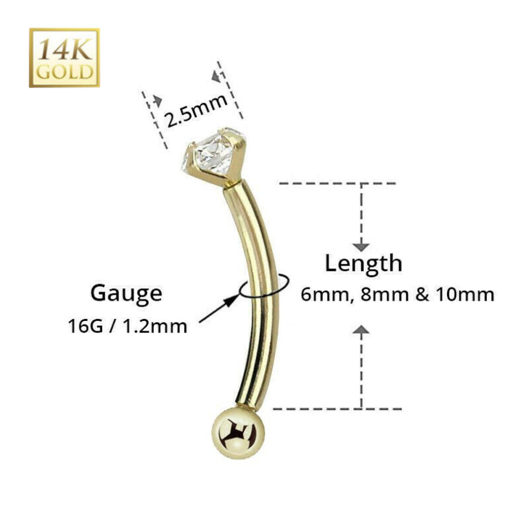 14K Solid Gold 16 Gauge Threadless Curved Barbell with 2.5mm Diamond - photo 2